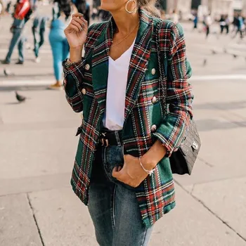 

2019 Vintage Double Breasted Tweed Female Jackets Coats For Women Blazer Feminino Coat Pockets Plaid Ladies Outerwear Jacket