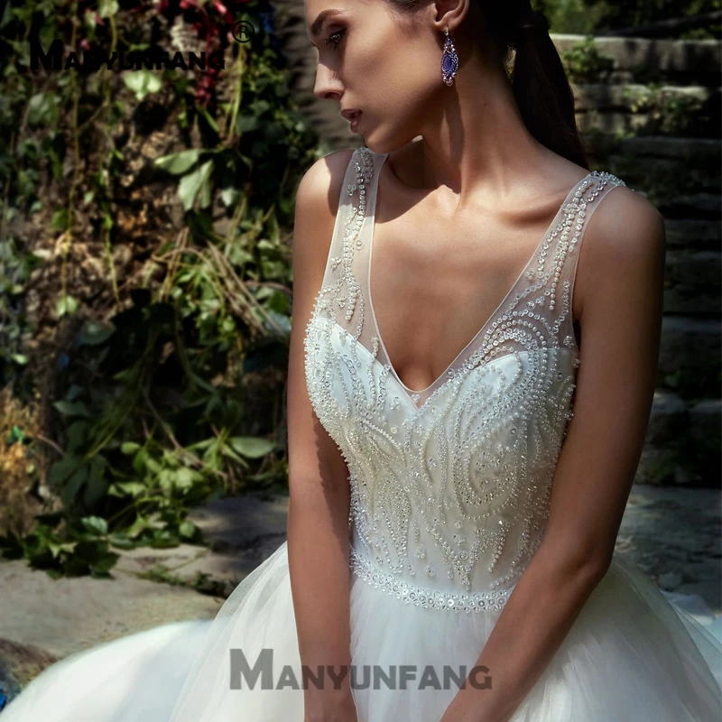 Спагетти ремни Vestido Novia Boho V шеи Trajes Расшитое бисером Abito Sposa кристаллы Королевское бальное платье для процессии винтажное свадебное платье