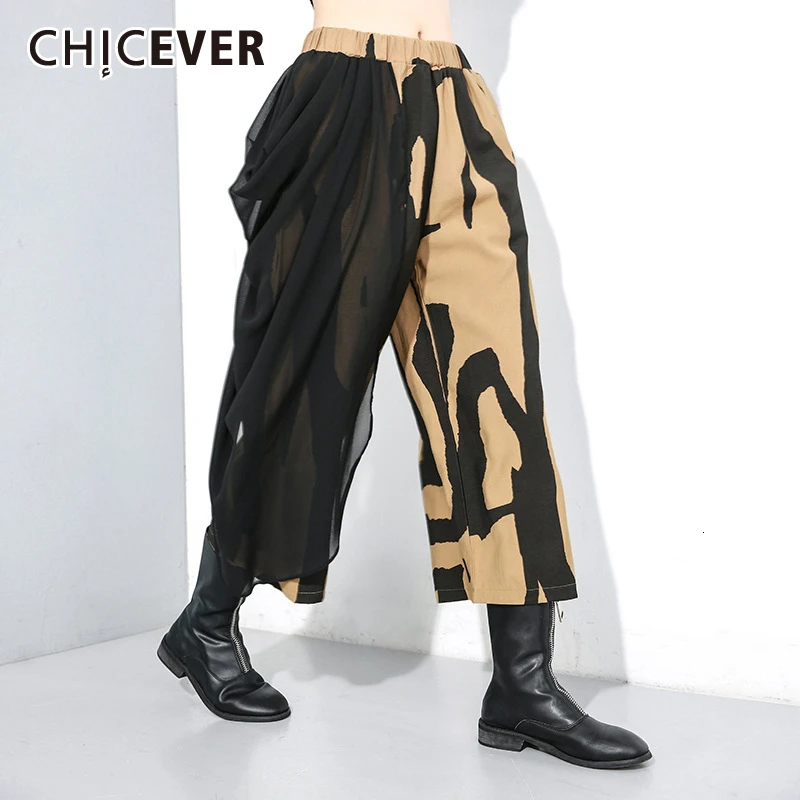 CHICEVER Лоскутные сетчатые популярные цветные женские штаны средней длины с эластичной талией, повседневные широкие женские штаны до щиколотки, осень