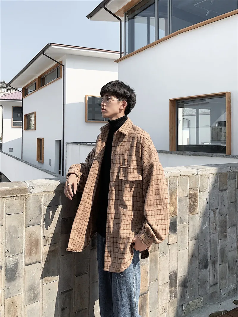 Маленькая клетчатая Японская уличная одежда, фланелевая винтажная сорочка, повседневная верхняя одежда, мужская одежда