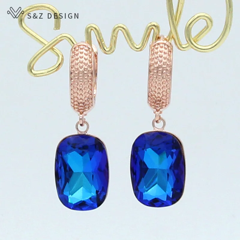 S&Z DESIGN Square Crystal Dangle Earrings For Women Wedding Jewelry 585 Rose Gold Color Party Fashion Eardrop