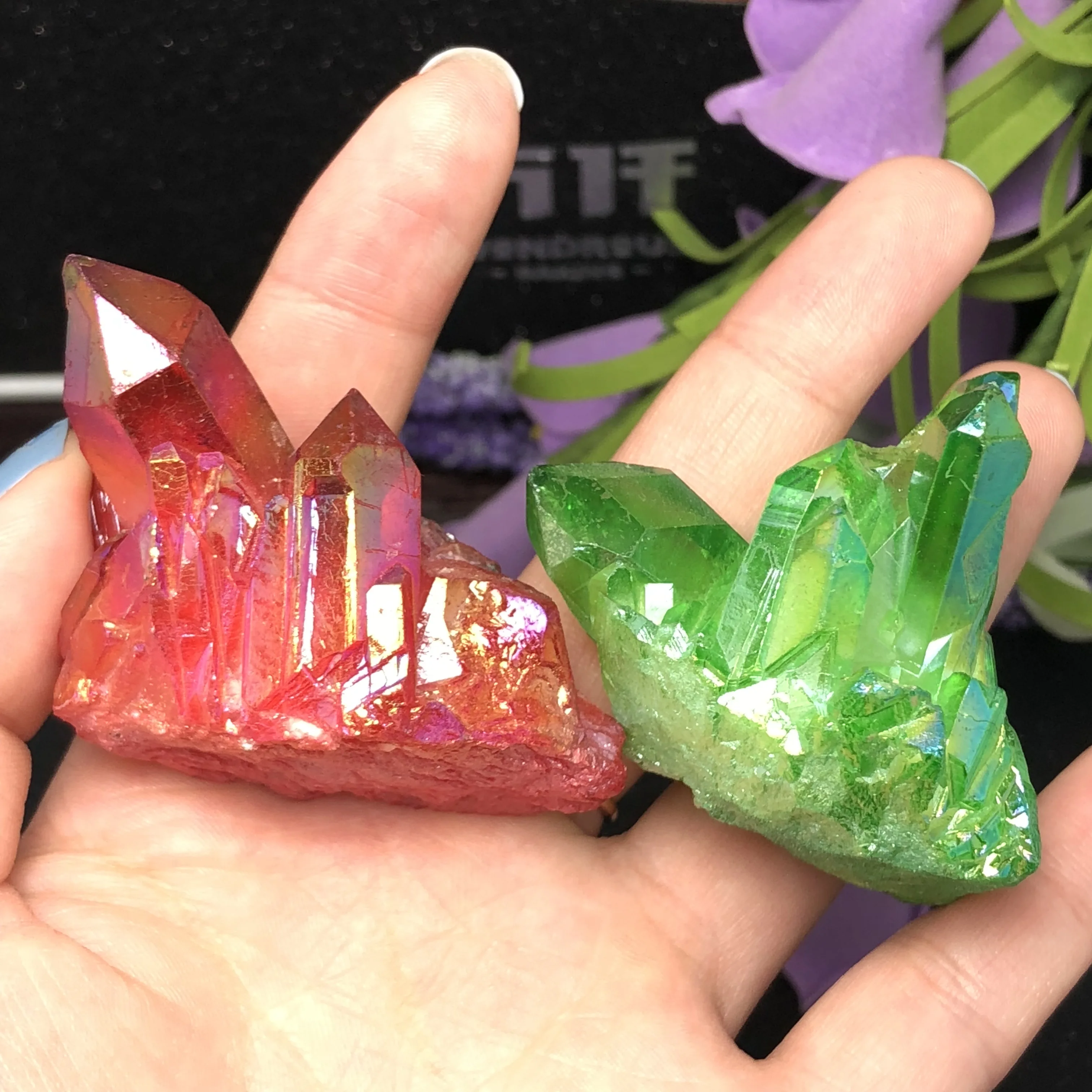 

2pcs Beautiful Aura Crystal Cluster Angel Aura Titanium Quartz Crystal Stunning Rainbow Specimen Minerals Reiki Healing Chakra