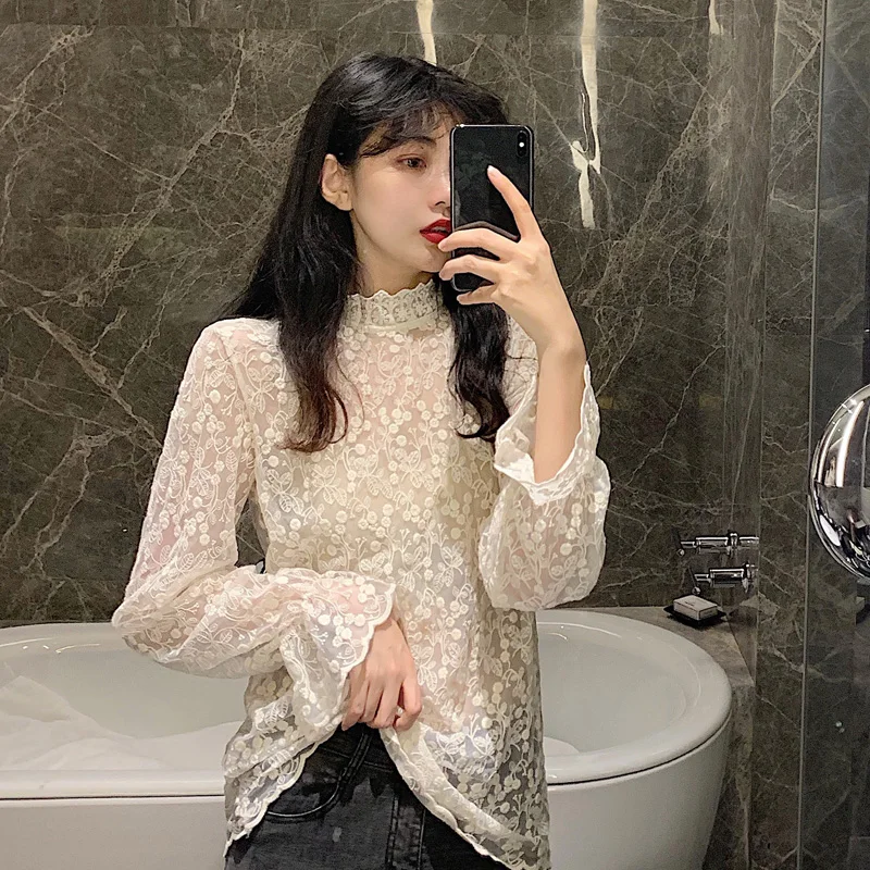 

COIGARSAM Casual Lace blouse women Spring Full Sleeve Chiffon Mesh blusas womens tops and blouses Apricot 9217