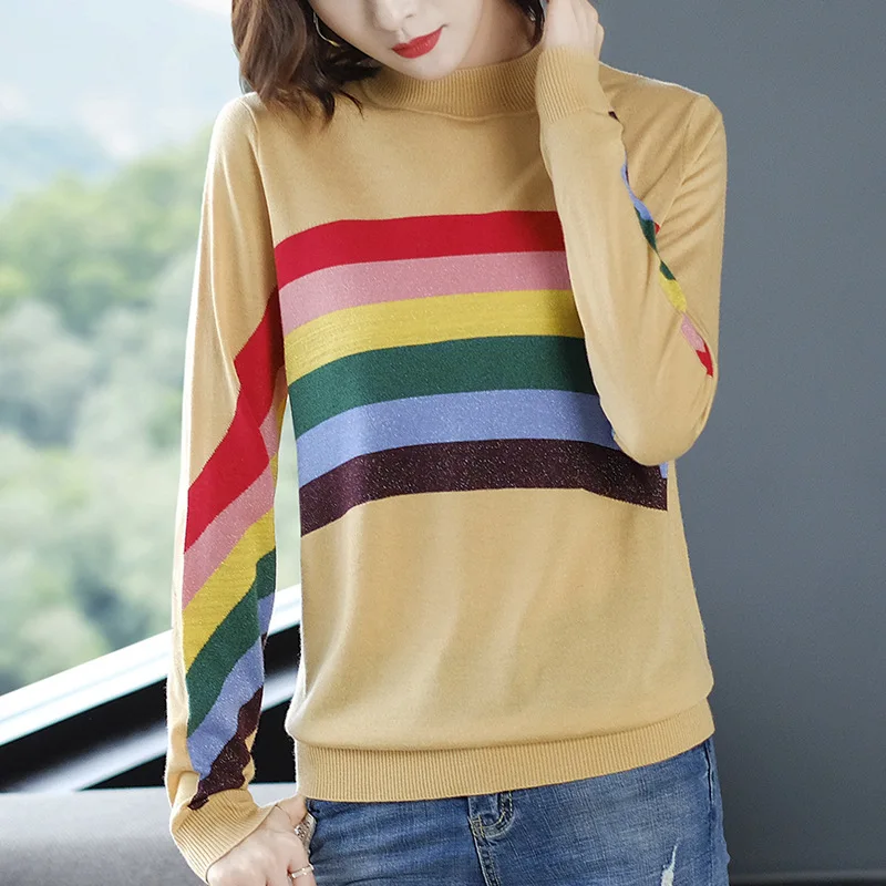 Autumn Women Christmas Sweater O-neck Rainbow Stripes Loose Pullovers Korean Chic Knitted Jumpers Harajuku Winter Clothes