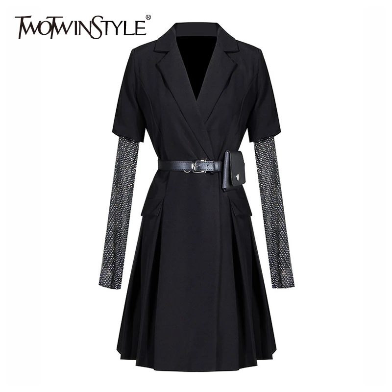 TWOTWINSTYLE Casual Patchwork Diamonds Women Dress Notched Long Sleeve High Waist Hit Color Blazer Suit Female Clothing 2020 New TWOTWINSTYLE Casual Patchwork Diamonds Women Dress Notched Long Sleeve High Waist Hit Color Blazer Suit Female Clothing 2020 New