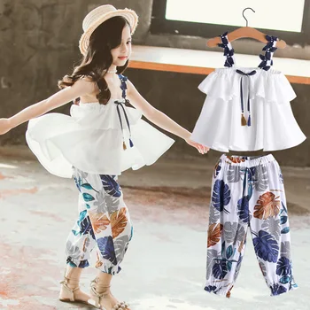 

Beautiful Kids Girls Clothing Sets Summer Mosquito Pants Suit Teenage Girls Suspenders Chiffon Two-piece Boutique Clothing 3-11Y