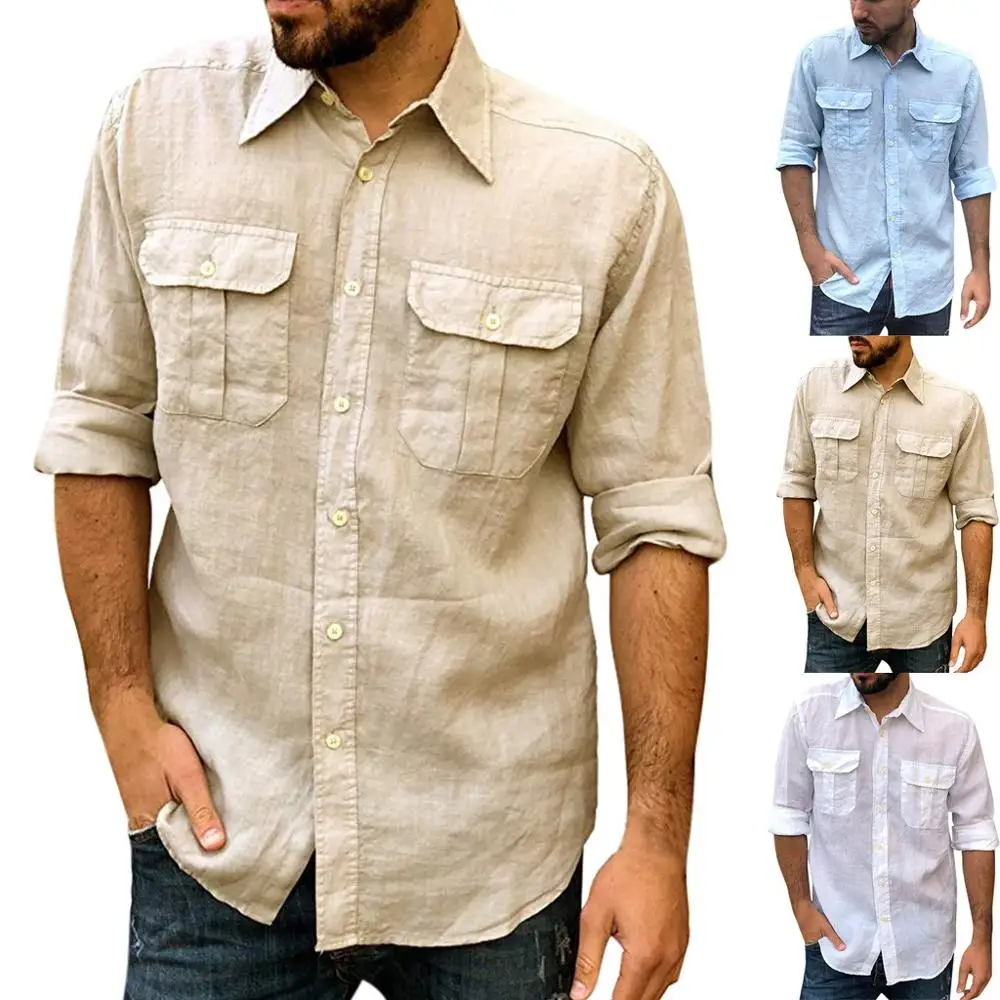 Men's Pure Cotton Solid Color Casual Hawaii Style Summer Ethnic Turn Down Collar Long Sleeves Shirt Clothing Streetwears#D | Мужская