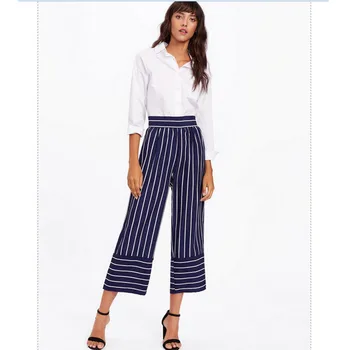 

Womens Wide Leg Pant Palazzo Fashion Striped High Waist Pants Casual Wide Leg Elastic Loose Culottes Trousers 2019 Autumn Hot
