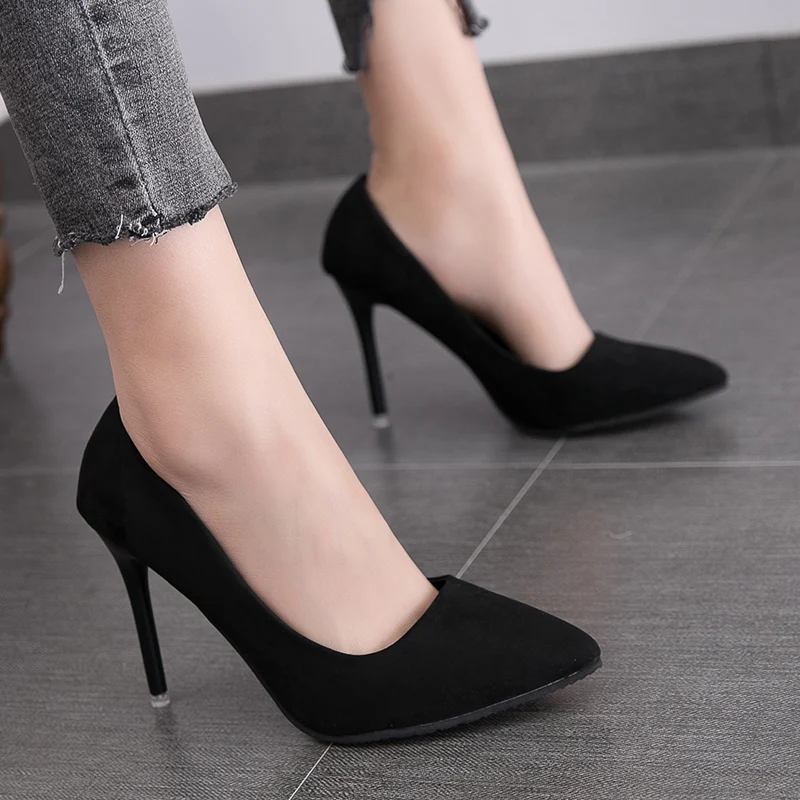 2019 Autumn New Simple Elegant High Heels Stiletto Womens Shoes Pointed Black Etiquette Professional Single Shoes Wedding Shoes