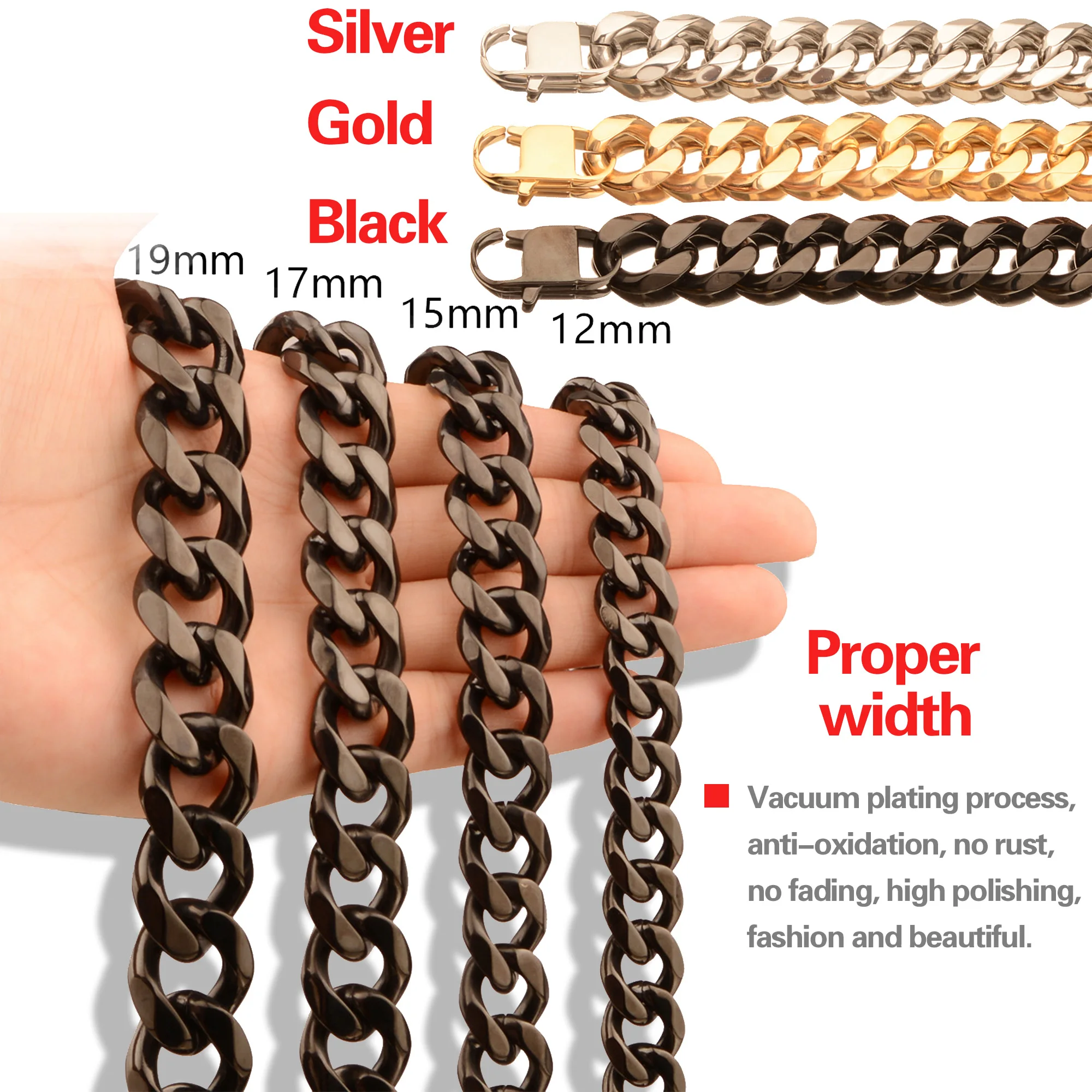 12/15/17mm High Polished Men's Necklace Cuban Link Chain 316L Stainless Steel Choker Hip Hop Punk Jewelry Accessory Wholesale