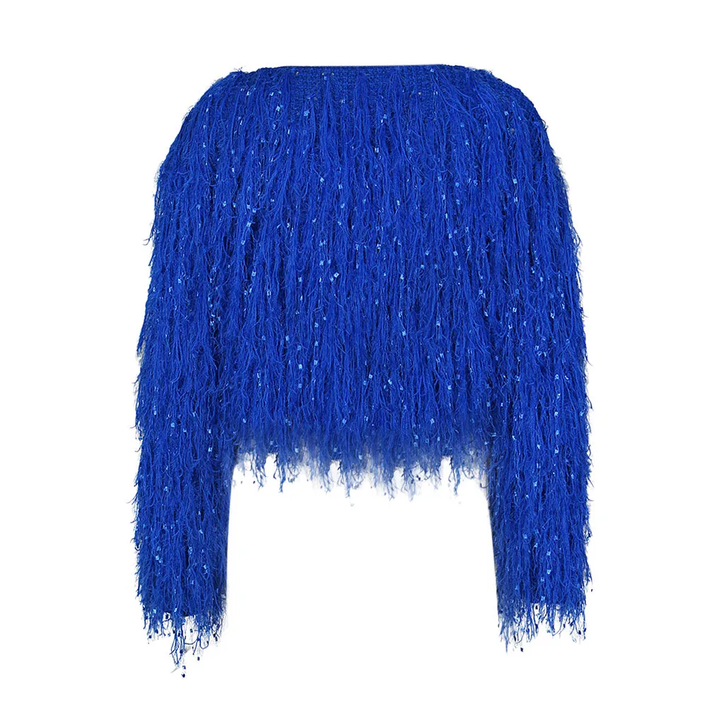 Для женщин модная одежда с длинными рукавами с О-образным вырезом и пуловер ручной кисточкой короткий свитер Для женщин 4 цвета Вязание Блузка Топы 19Oct19 - Цвет: Синий
