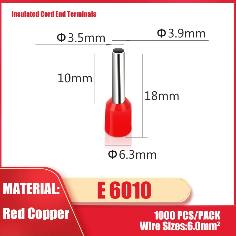1000 шт. AWG#10 E6010 наконечник наконечника шнура медный латунный провод медный изолированный обжимной разъем шнур Контактный наконечник