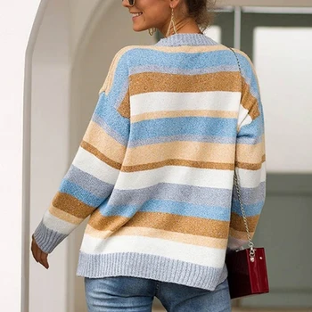 

Lazy Style Loose Sweater Oversized Pullover Female Rainbow O-neck Sweaters Women Winter Jumpers Knitted Vintage Striped Sweaters