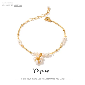 

Yhpup Elegant Exquisite Natural Pearls Flower Strand Bracelets Copper Chain Statement Palace Jewelry for Girl Female Dress Party