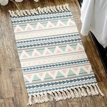 

Retro Bohemian Hand Woven Cotton Linen Carpet Rug Bedside Rug Living Geometric Bedroom Decor Carpet Mat Room Home Floor