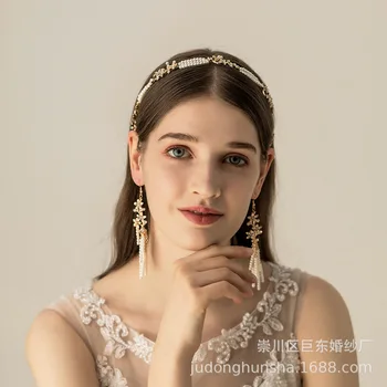 

Bride's Headdress Hair Vine Earrings Sets Bead Alloy Hair Decoration Factory Directly Sells Wedding Dress Accessories
