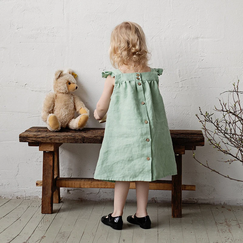 Girls Cotton And Linen Strap Dress Summer Children's Sleeveless Button Casual Loose Baby Princess Dresses