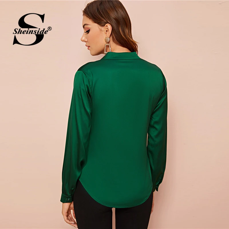Sheinside, элегантная Зеленая атласная блузка, для женщин, весна, v-образный вырез, минималистичный стиль, блузки для офиса, для девушек, однотонный, с закругленным подолом, Топ