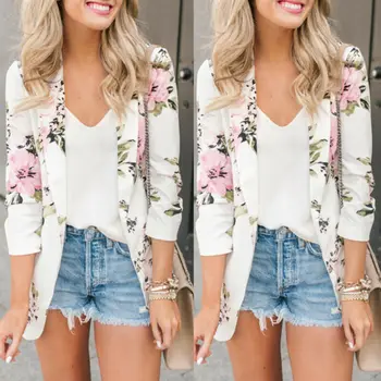 

New Fashion Women Casual Slim Business Outwear Floral Printed Turndown Collar Long Sleeve Pocket Coat Autumn Winter