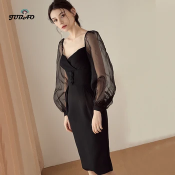 

black midi dress long sleeve going out office formal Korean style causal dresses for woman Modest Dresses elegant 2020 summer