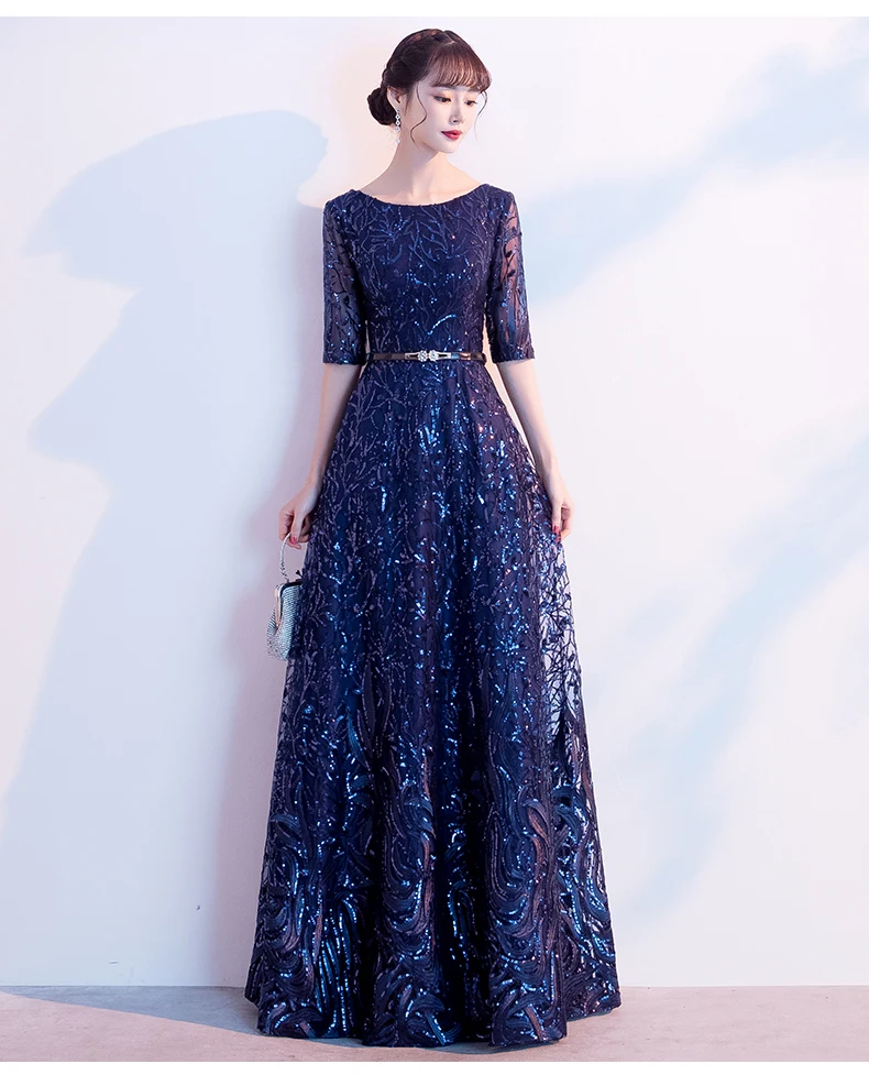AE710 Robe De Soiree Формальное вечернее платье темно-синее расшитое блестками платье с круглым вырезом А-силуэта длиной до пола для вечеринок