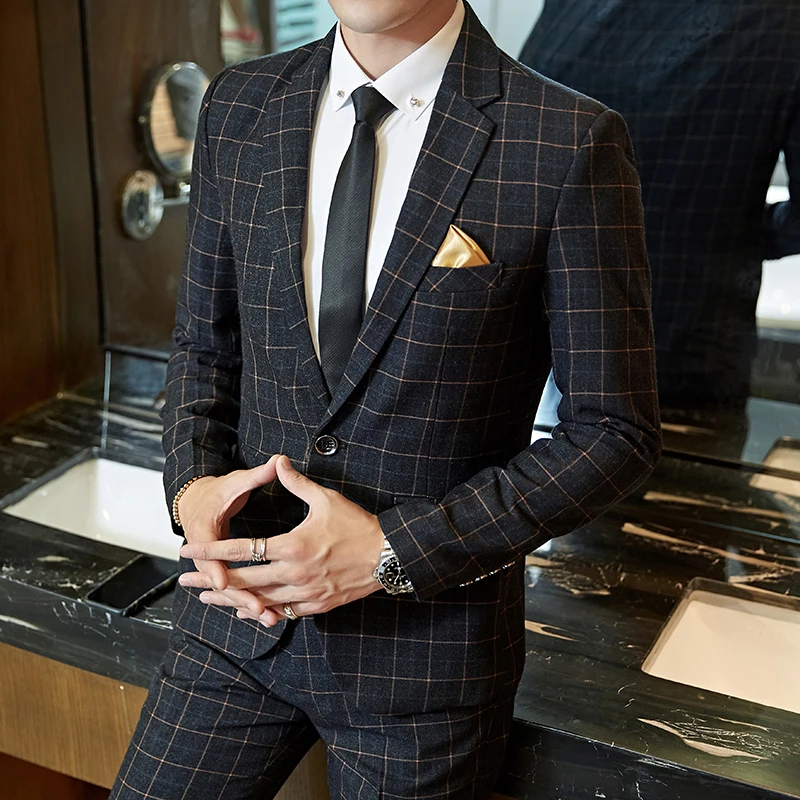 2019 men's suit three-piece wedding banquet dress checked style slim fit British style 307 2019 men's suit three-piece wedding banquet dress checked style slim fit British style 307