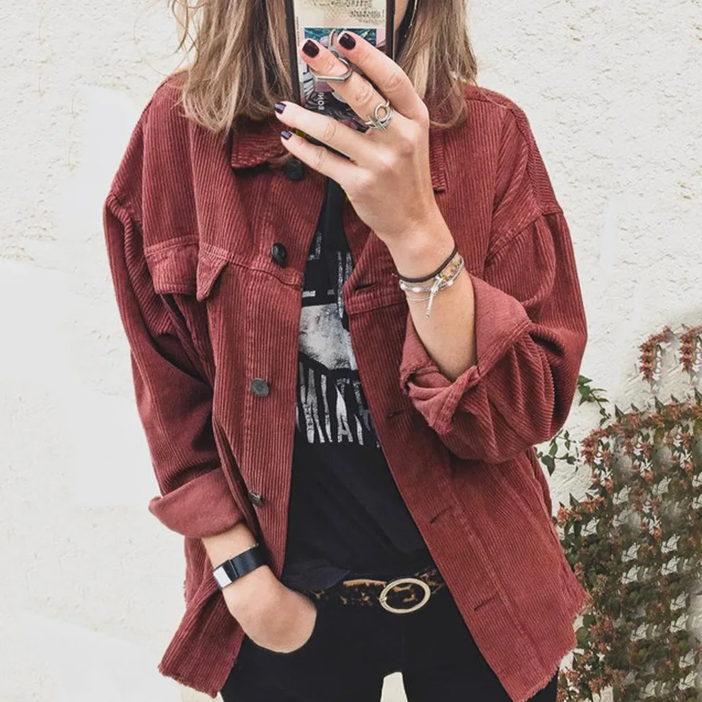 

Women's Autumn And Winter Harajuku Corduroy Button Long-sleeved Coat Female Big Tops Cute Jackets Solid Color Clothing