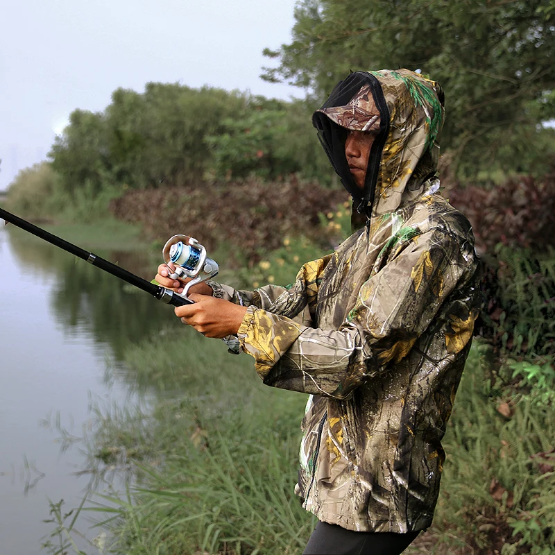 

Летняя тонкая дышащая быстросохнущая камуфляжная одежда от комаров для рыбалки, охоты, походов, Солнцезащитная футболка с капюшоном