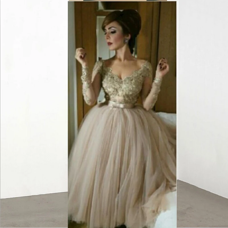 

2015 Champagne Evening Dresses With Long Sleeves Applique Sequined Celebrity Dress Arabic dubai style abayas Party Gown Custom