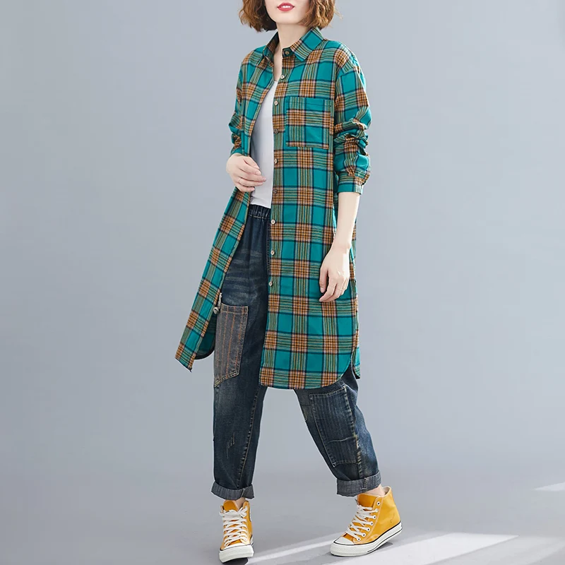  2019 New Autumn Women Shirts Full Sleeve Loose Plaid In A Long Trench Blouse Shirt Red Green Yellow