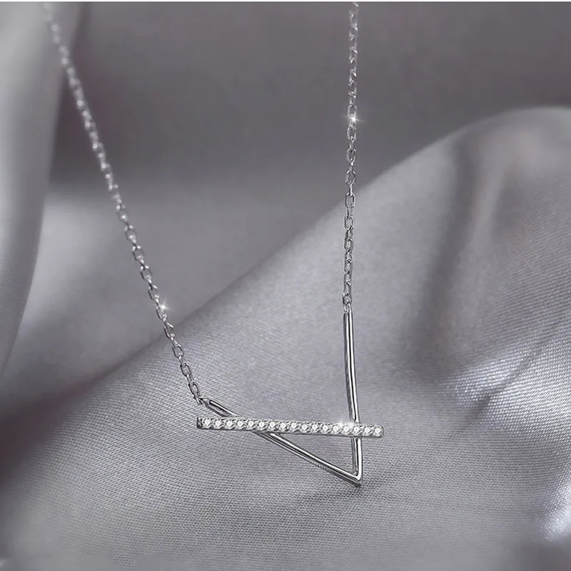 Hot Sale925 Sterling Silver Necklace Exquisite V-Shaped Pendant Shiny Zircon Choker Party Gift For Girls Fashionjewelry SNK014 - Image 2