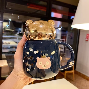 

Cartoon Cute Bear Ceramic Cup Creative Leak-proof Coffee Mugs with Lid Handgrip Large Capacity Portable Milk Juice Mugs Tea Cups