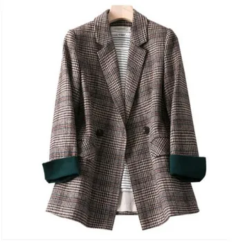 

Vintage Retro Plaid Women's Blazer Long Sleeve Lapel Collar Pocket Design Casual Slim Female Coat Office Lady Clothing Femme