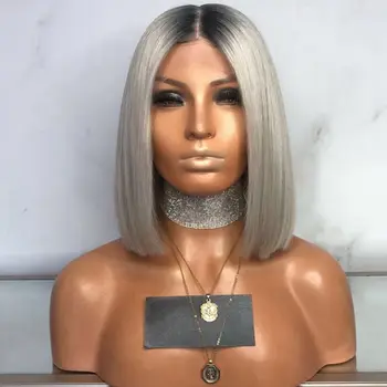 

DLME Synthetic Lace front Wig Ombre Gray Hair with dark roots Heat Resistant Straight Bob Hair Short Wigs Natural Hair Line