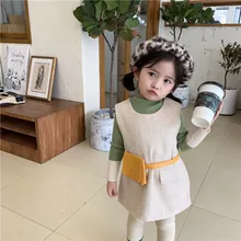 Одежда для маленьких девочек зимнее платье-майка для девочек с Маленькая кожаная сумка осень 3 цвета Детские просторный без рукавов платье с двумя карманами, детская ткань