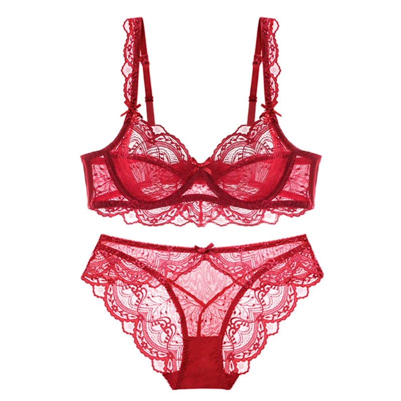 Red Transparent Brassiere Sexy Underwear Set Lace Push Up Bra And