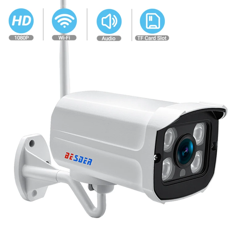 Vente BESDER Audio Wifi caméra 1080P ONVIF alarme sans fil pousser iCsee P2P 2MP CCTV balle caméra IP extérieure avec fente pour carte SD Max 64GB