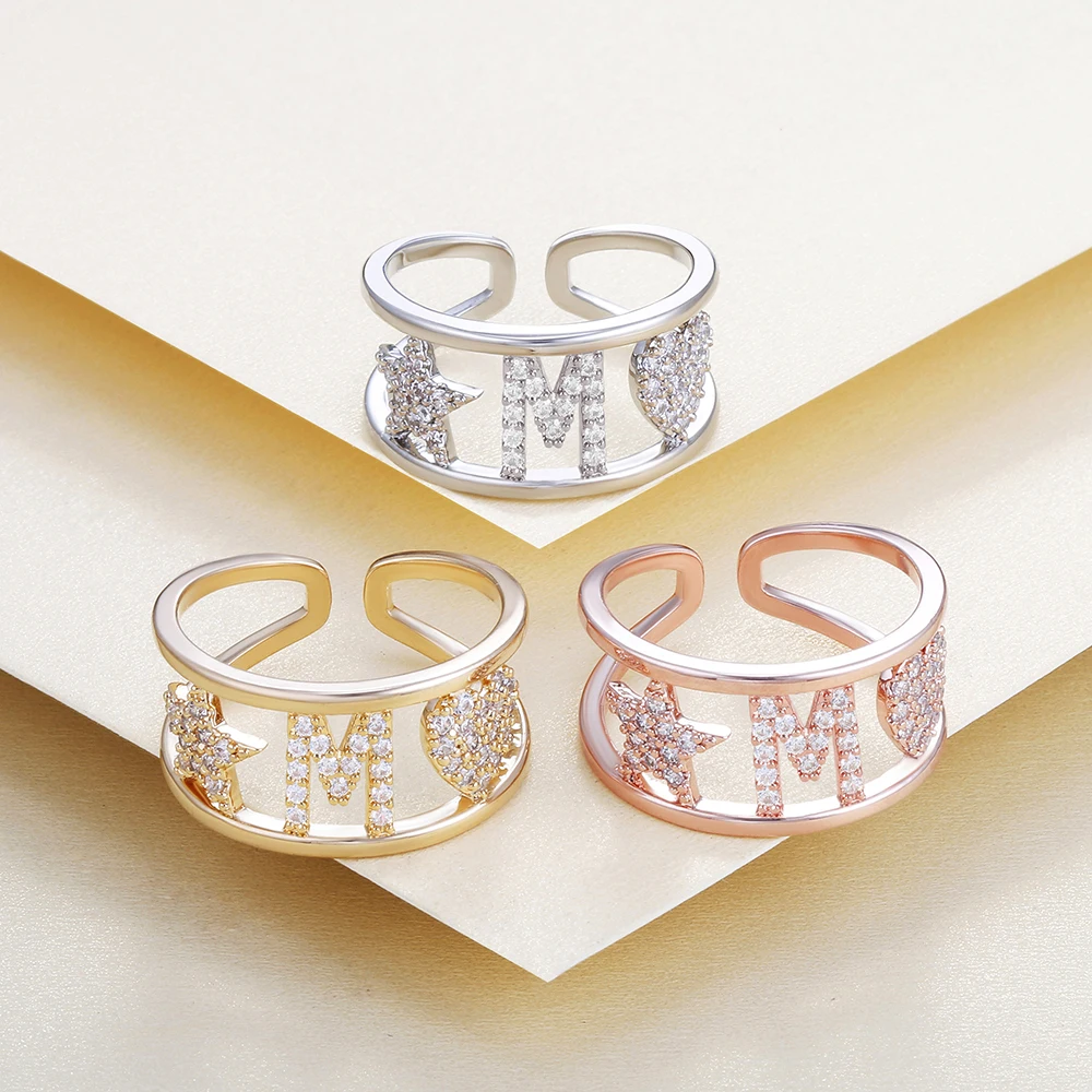 A-Z Letter Initials Name Alphabet Finger Rings for Women Wide Adjustable Opening Rhineston Heart Star Ring Fashion Jewelry Gift