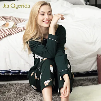 

Fall Winter New Korean Cartoon Cute Homewear Loose Plus Size 100% Cotton Sweet Suit Cat Ladies Sleep Wear Pajama Pajamas Women
