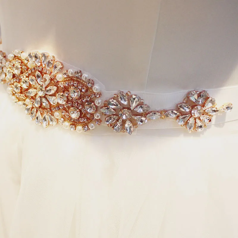 SLBRIDAL розовое золото Кристалл Свадебный Пояс атласные Стразы вечернее платье для выпускного вечера пояс Свадебная лента пояс женские свадебные аксессуары