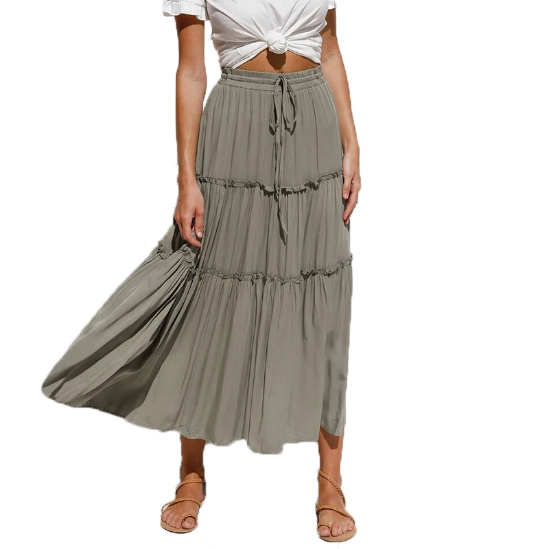 Falda de verano de Mujer de encaje Casual-elástico Falda Midi de cintura Mujer Patchwork volantes Faldas de cintura alta Falda Plisada de Mujer