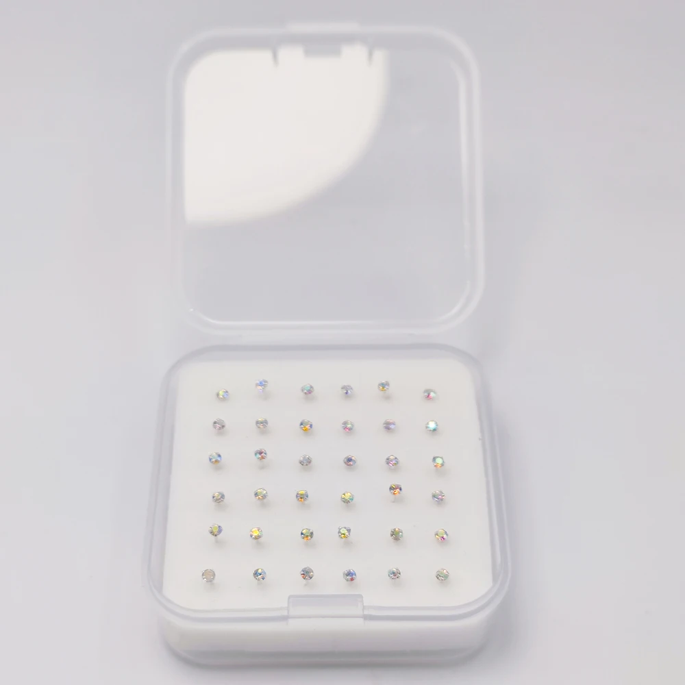 925 Sterling silver nose stud 2.0mm clear crystal straight silver nariz piercing jewelry 36pcs with new packing box