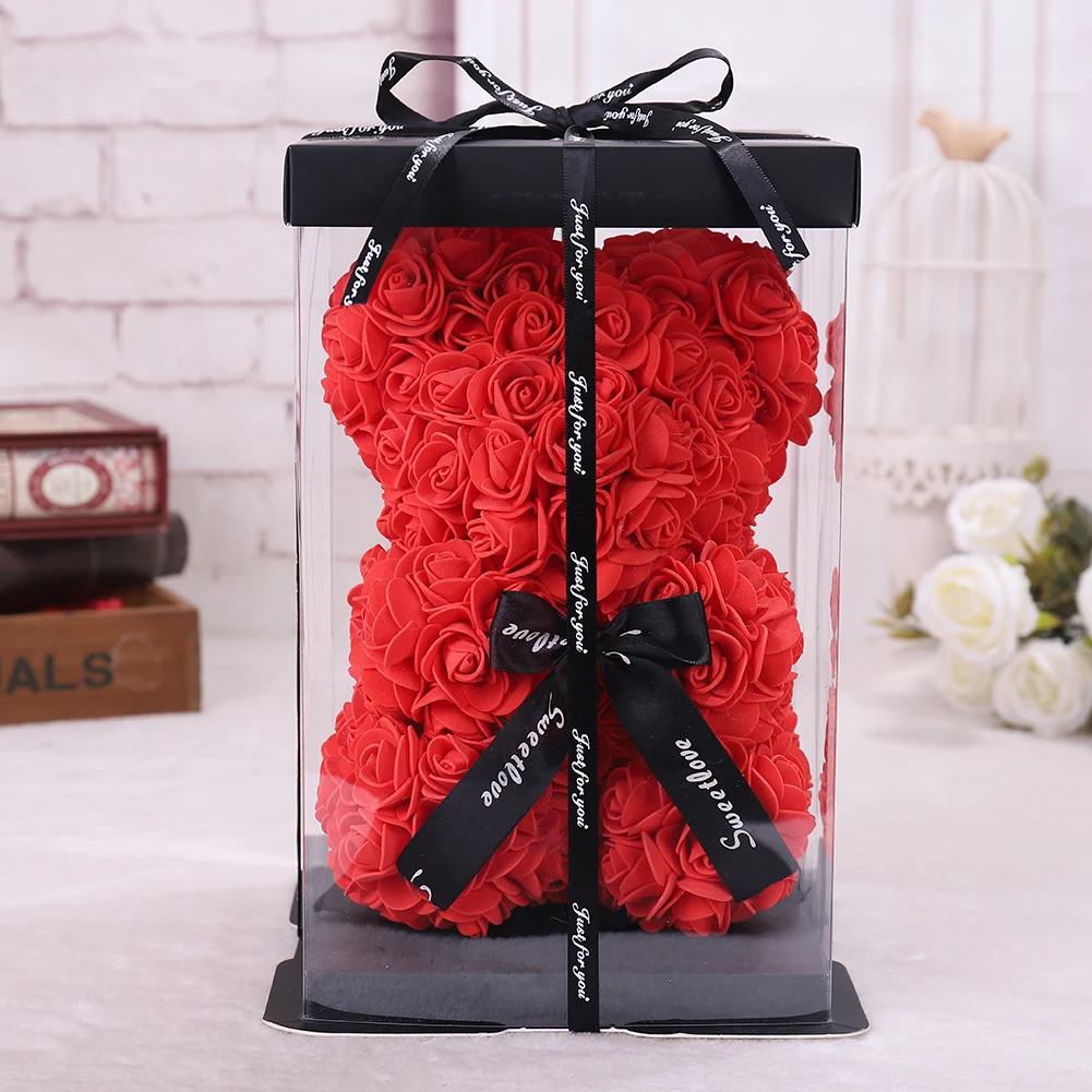 red set 25*16 см Diy Мишка Тедди роза с коробкой Искусственные из ПЭ цветок медведь Роза День святого Валентина для девушки женщины жены Рождественский подарок - Цвет: red set
