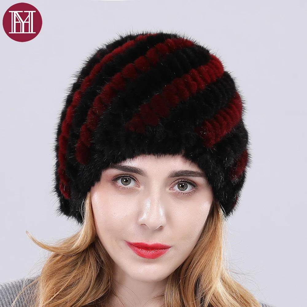 Женская теплая шапка из натурального меха норки с ананасами облегающие шапки