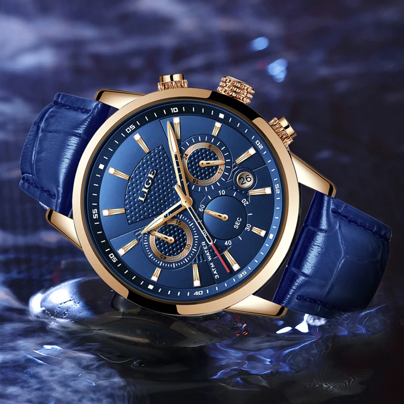 

2020 Men Watch LIGE Top Brand Blue Leather Chronograph Waterproof Sport Automatic Date Quartz Watches For Mens Relogio Masculino