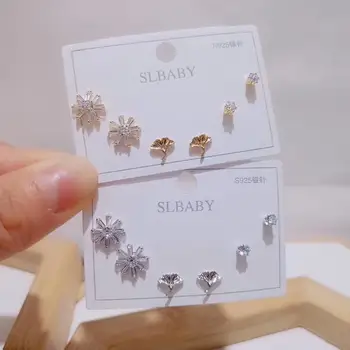 

925 Sterling Silver 3 Pairs Earrings Sets Mosaic Zircon Flower Star Heart Stud Earrings for Women Girl Party Wedding Jewelry