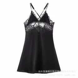 Women's Pajamas Lace Satin Sexy Rhinestone Shiny Shoulder Strap Beautiful Back Suspender Nightdress Hot Diamond Home Clothes