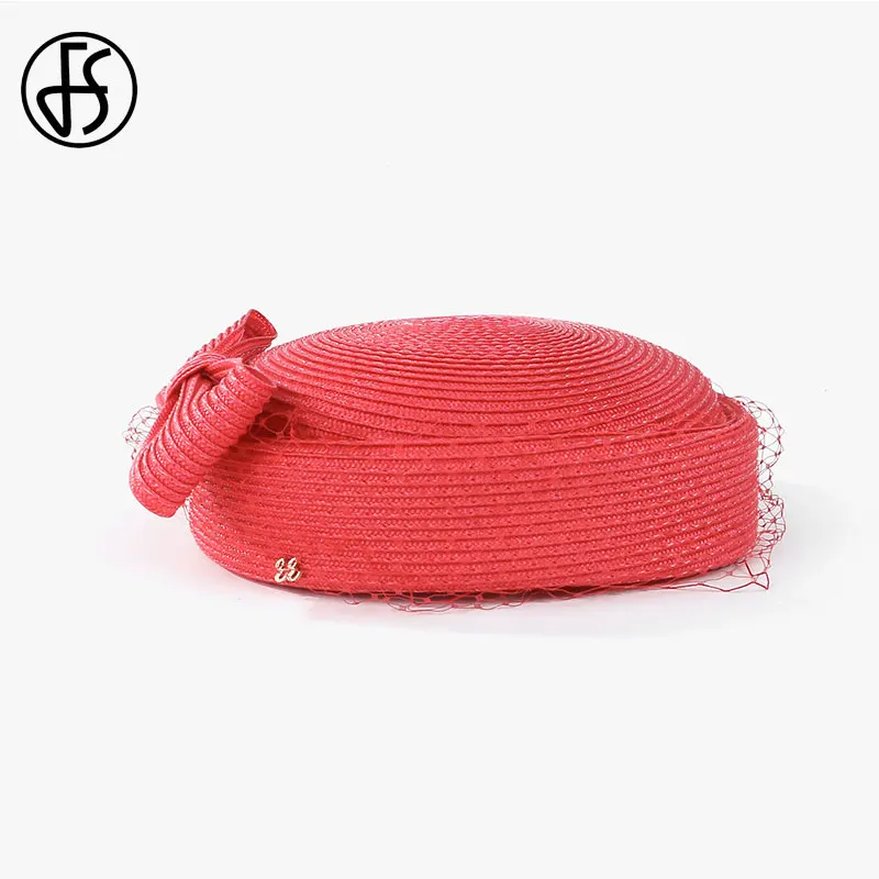 FS Fascinator Pillbox Hats French Beret With Veil Straw Hats Mesh Women Fedora Cocktail Derby Party Church Wedding
