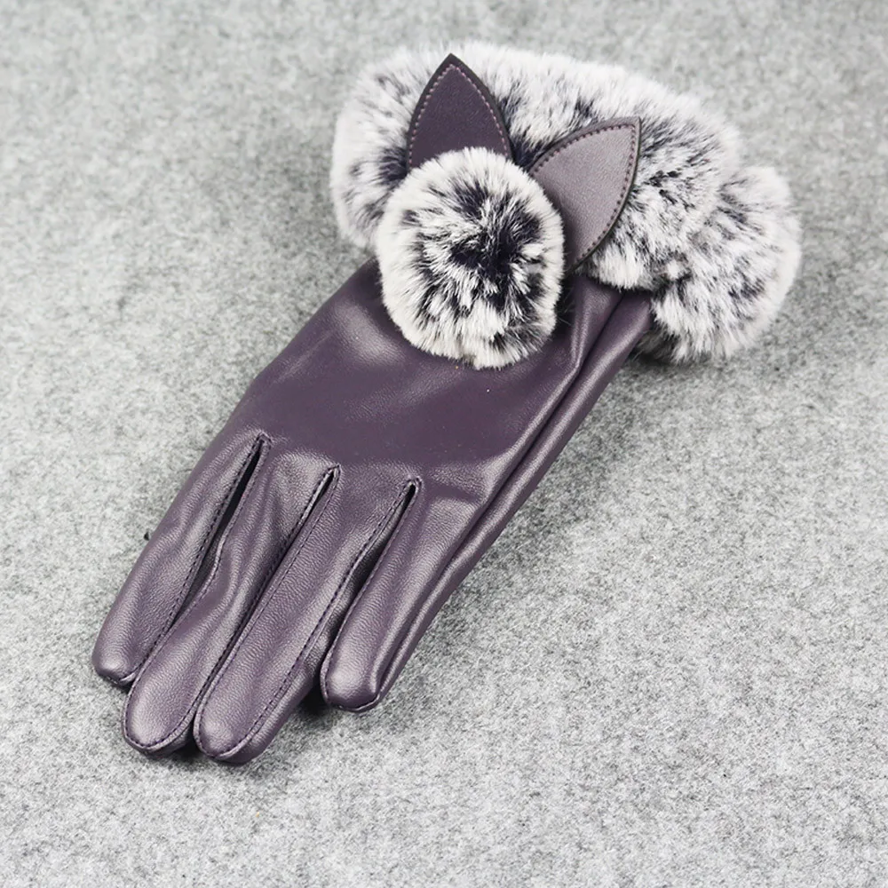 Женские зимние перчатки, модные теплые перчатки из искусственной кожи с имитацией кроличьей шерсти, Вечерние перчатки для вождения, Осень-зима