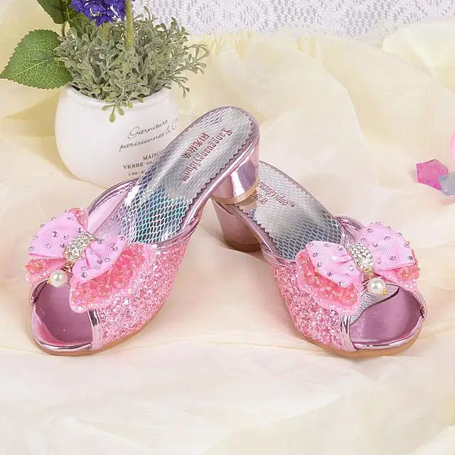 Girls Summer Sandals Slipper Sequined Princesse Kids High Heel Party Dress Shoes 